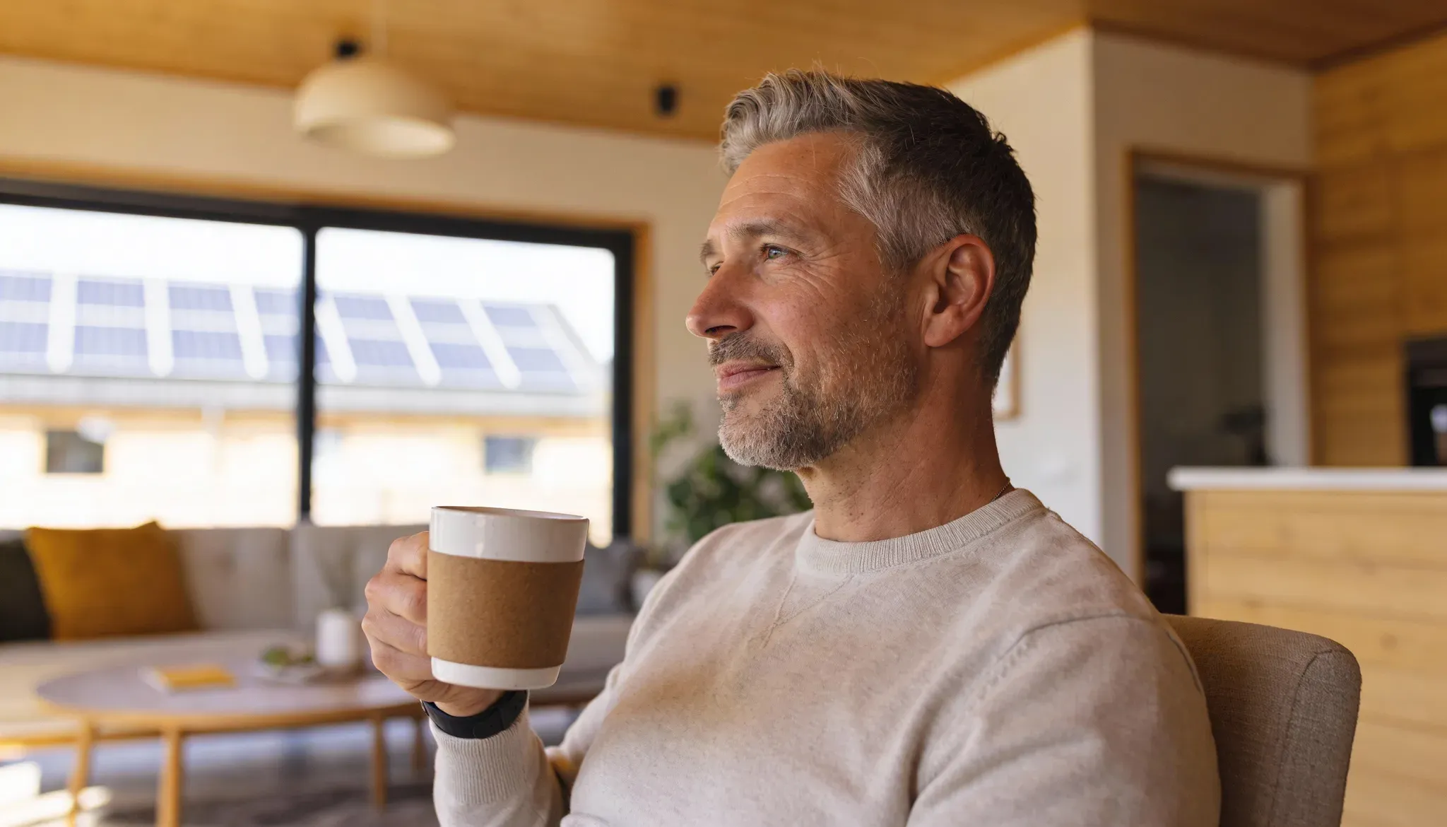 Uomo che beve tranquillamente il suo caffè