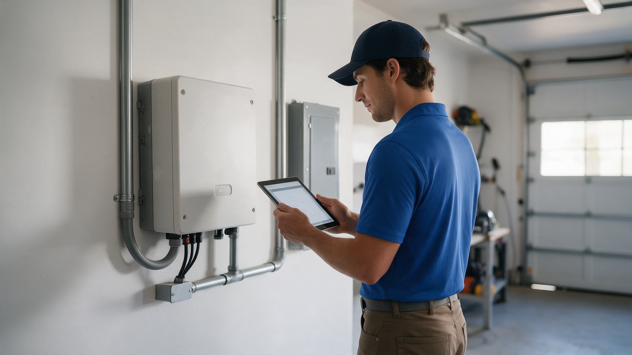 Tecnico Otovo che controlla un inverter con un tablet